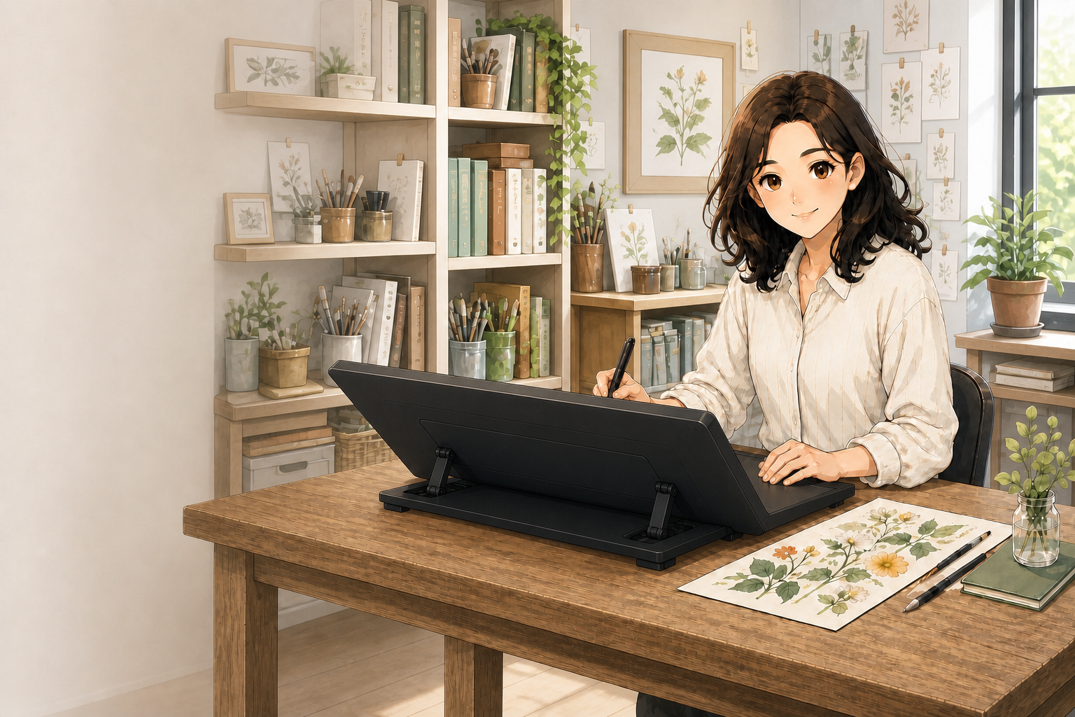 制作スタジオで作業する女性クリエイターのイラスト