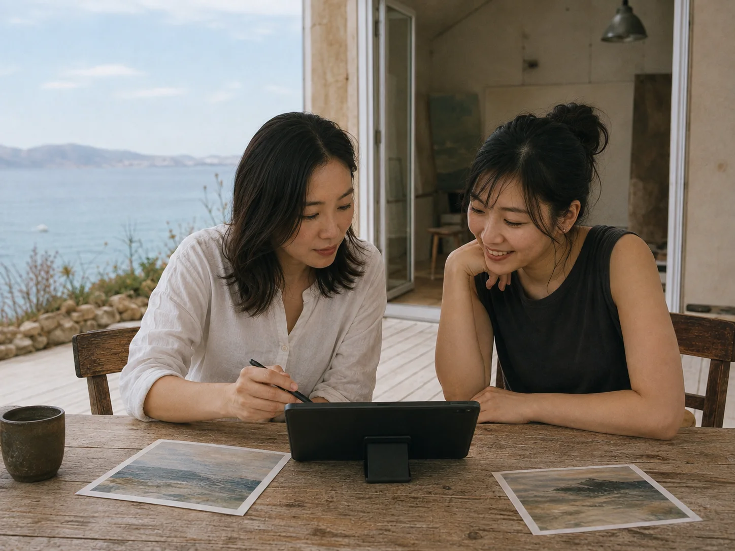 テーブルのタブレットを囲み、二人のクリエイターが作品を見比べている